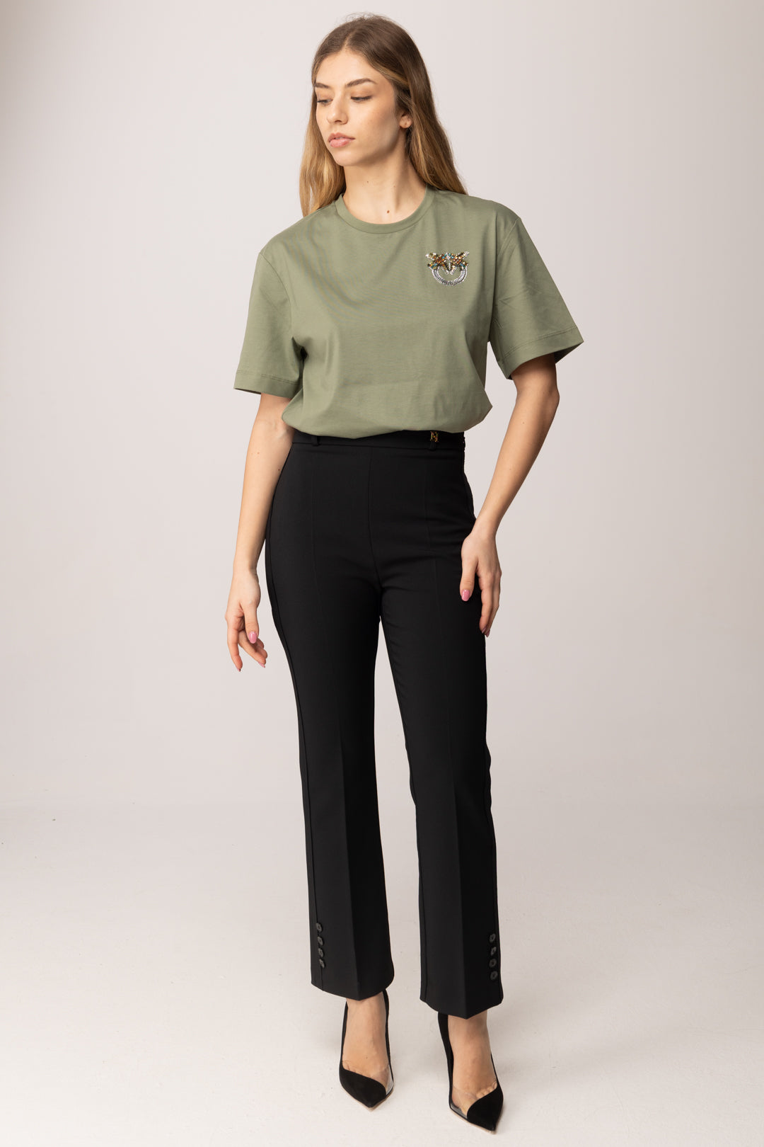 Pinko T-shirt con Ricamo Logo Love Birds Mini In Cristalli 105526 A33F U84