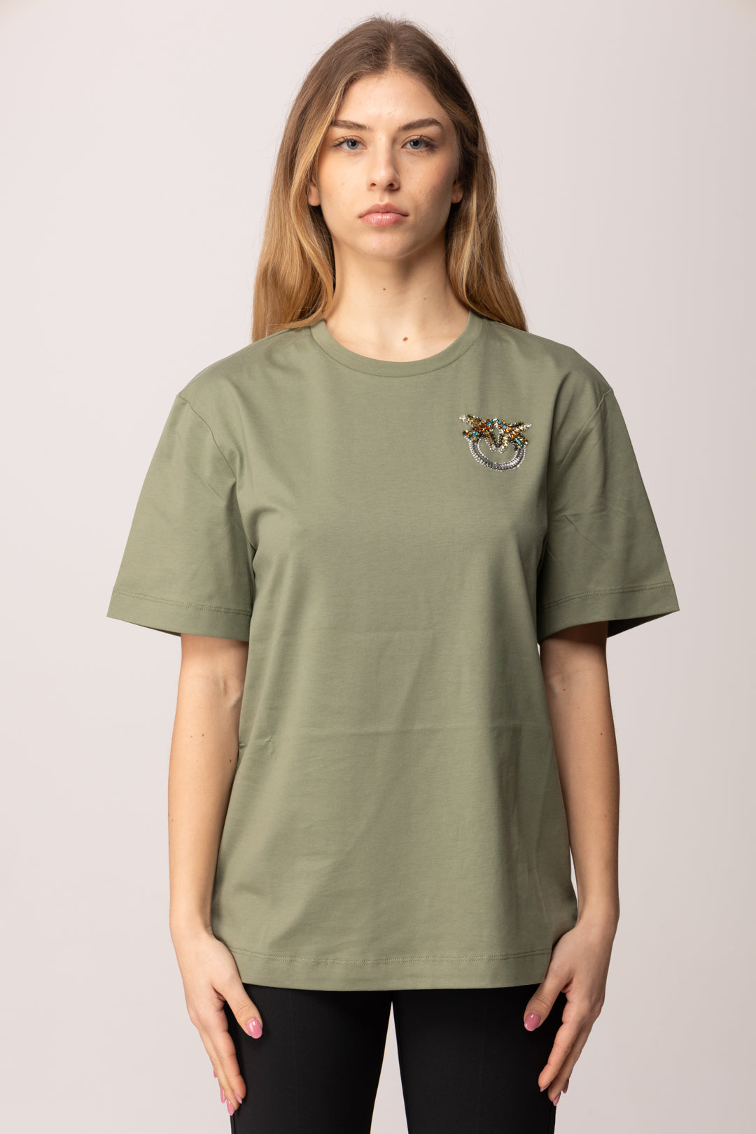 Pinko T-shirt con Ricamo Logo Love Birds Mini In Cristalli 105526 A33F U84