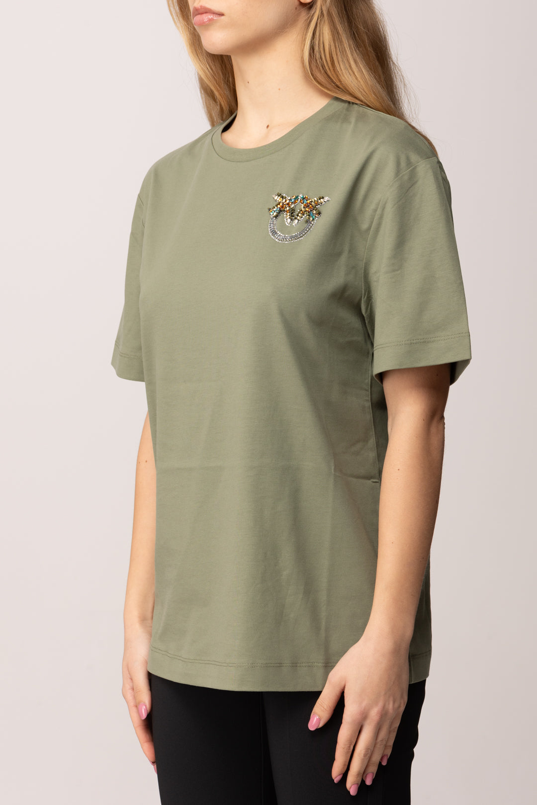 Pinko T-shirt con Ricamo Logo Love Birds Mini In Cristalli 105526 A33F U84