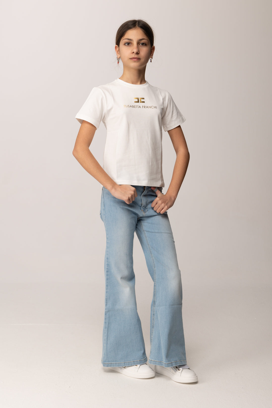 Elisabetta Franchi Bambina T-shirt con Stampa Logo e Lettering Oro EFTS2600JE006.0115