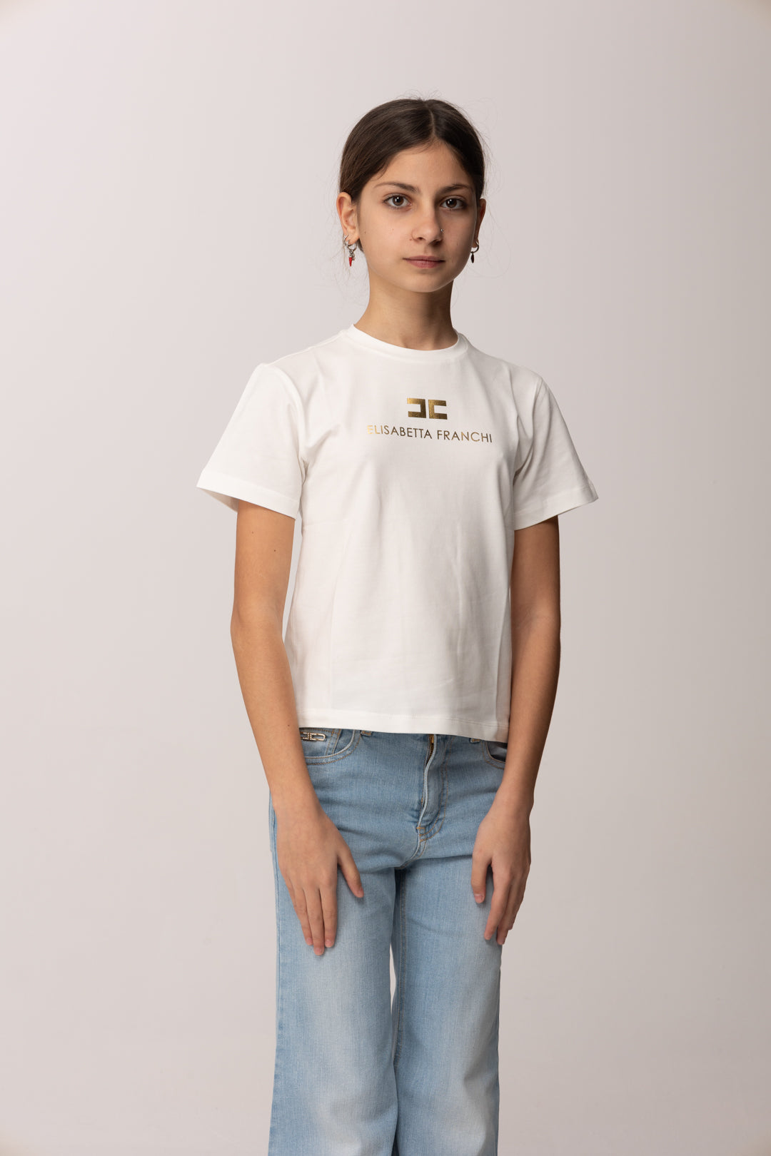 Elisabetta Franchi Bambina T-shirt con Stampa Logo e Lettering Oro EFTS2600JE006.0115