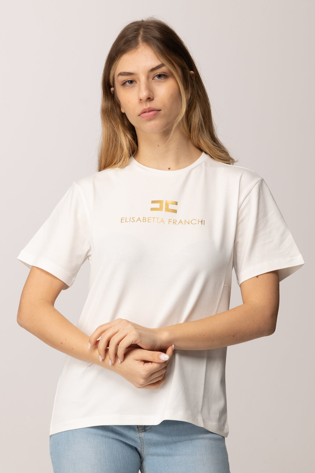 Elisabetta Franchi Bambina T-shirt con Stampa Logo e Lettering Oro EFTS2600JE006.0115