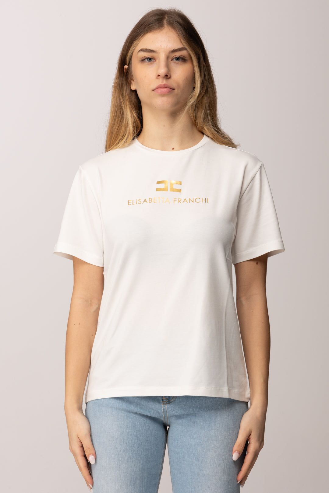 Elisabetta Franchi Bambina T-shirt con Stampa Logo e Lettering Oro EFTS2600JE006.0115