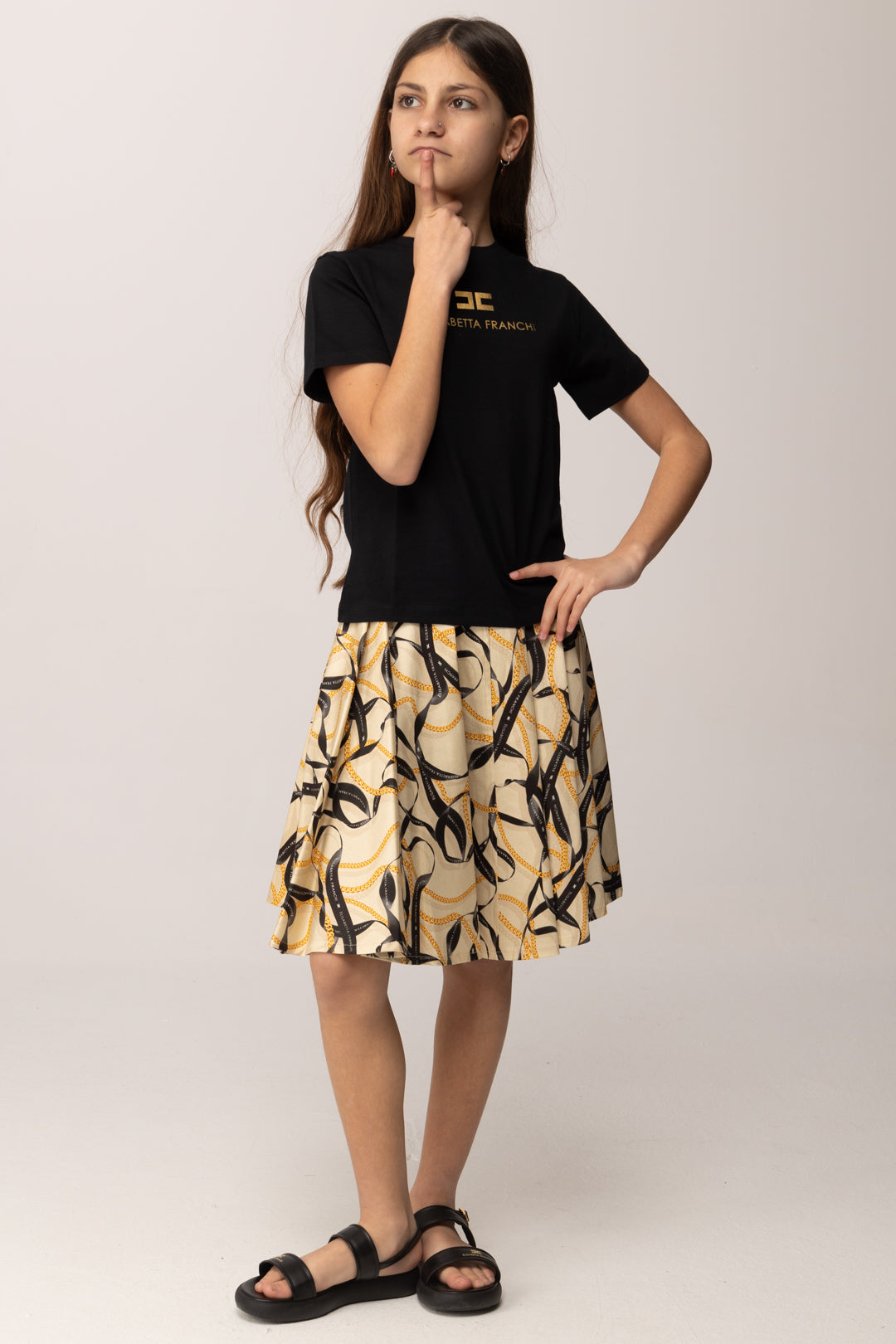 Elisabetta Franchi Bambina T-shirt con Stampa Logo e Lettering Oro EFTS2600JE006.N005