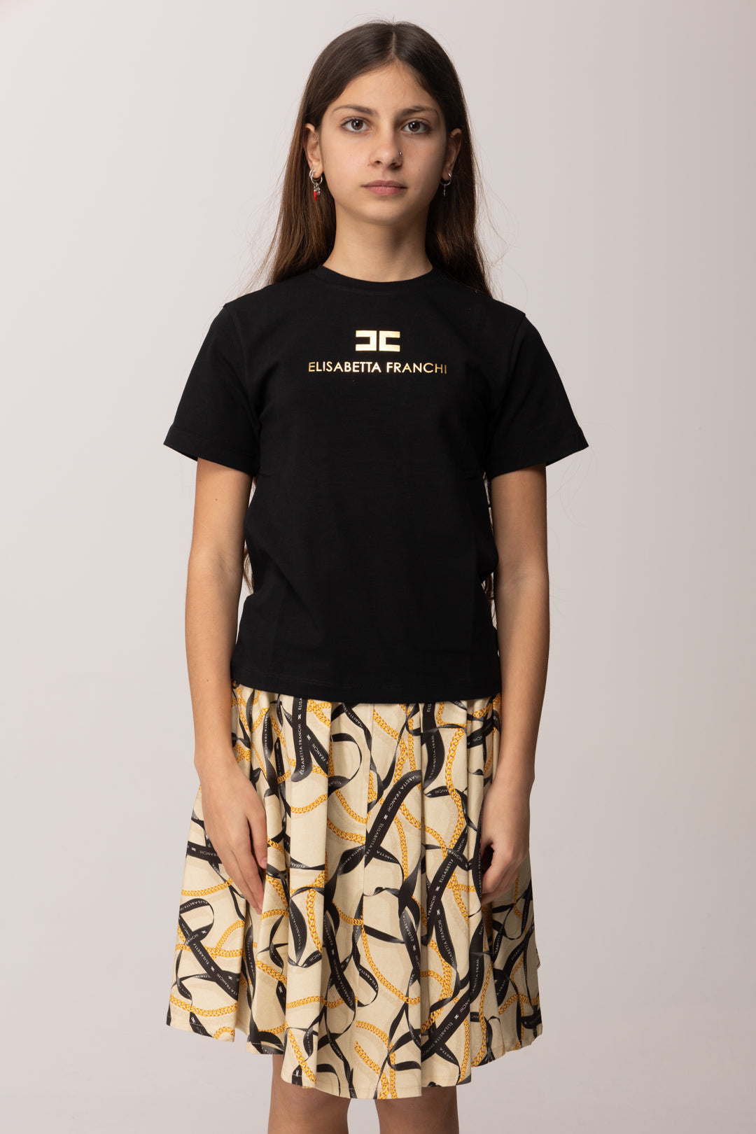 Elisabetta Franchi Bambina T-shirt con Stampa Logo e Lettering Oro EFTS2600JE006.N005