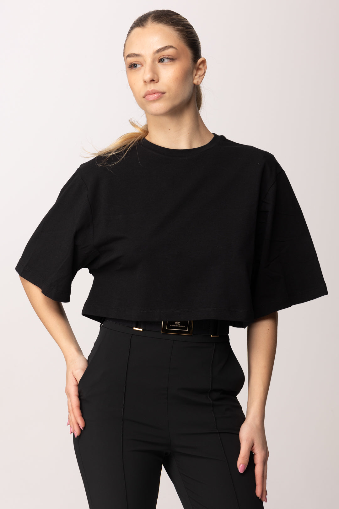 Elisabetta Franchi Bambina T-shirt Corta con Applicazione In Organza e Ricamo EFTS2540JE006.N000