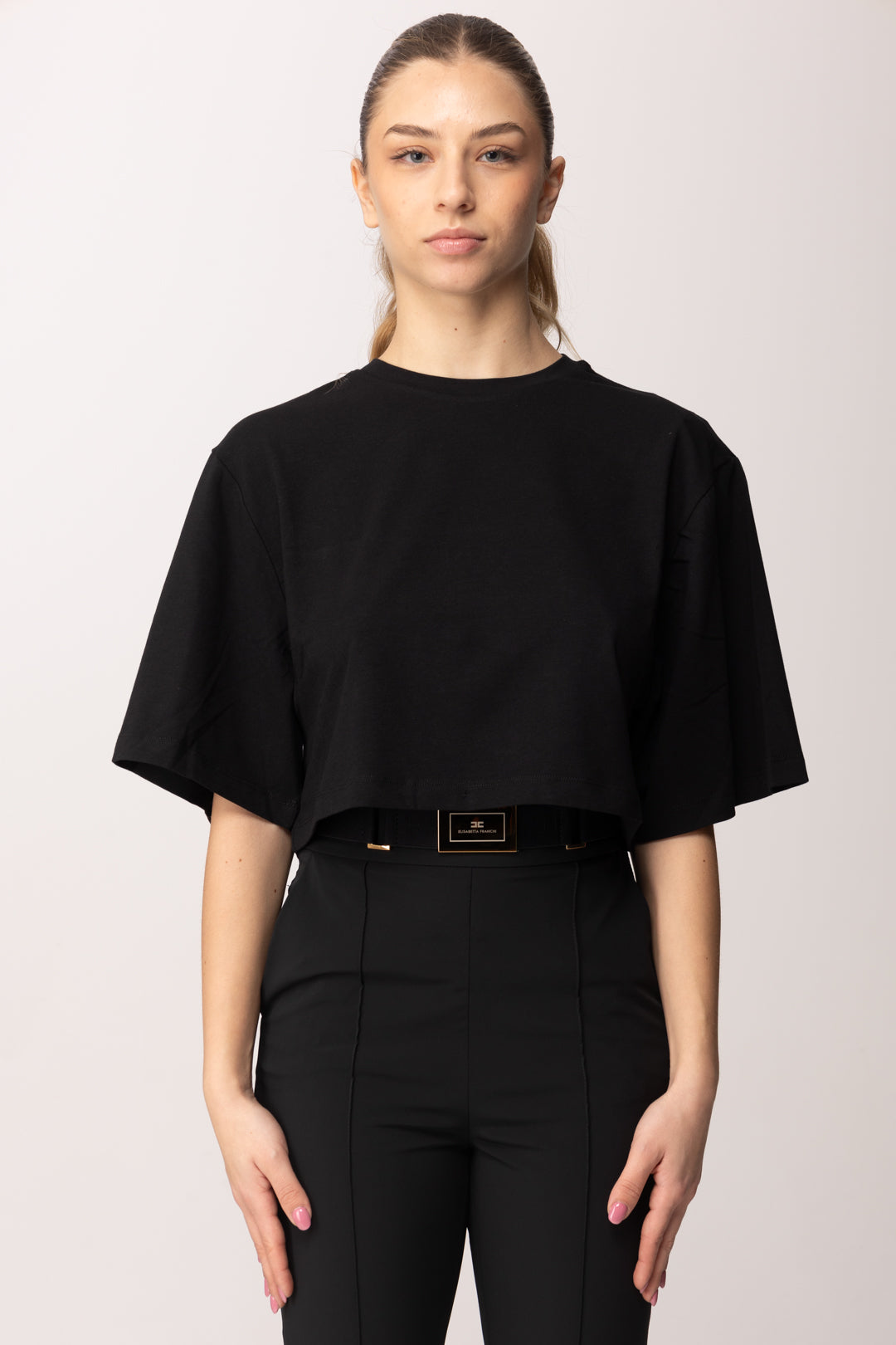 Elisabetta Franchi Bambina T-shirt Corta con Applicazione In Organza e Ricamo EFTS2540JE006.N000