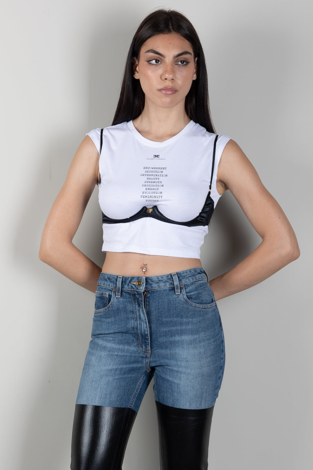 Elisabetta Franchi T-shirt Corta In Jersey con Reggiseno Decorativo MA71P66E2 GESSO