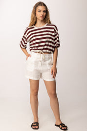 Khloe Femme T-shirt Crop a Righe 26067 BIANCO/MORO/BORDEAUX