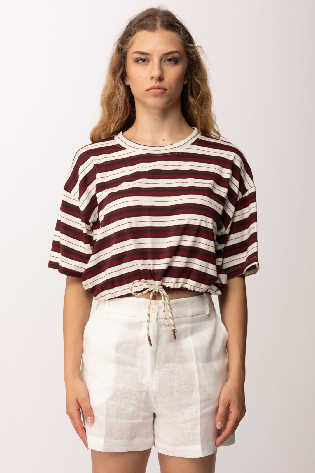 Khloe Femme T-shirt Crop a Righe 26067 BIANCO/MORO/BORDEAUX