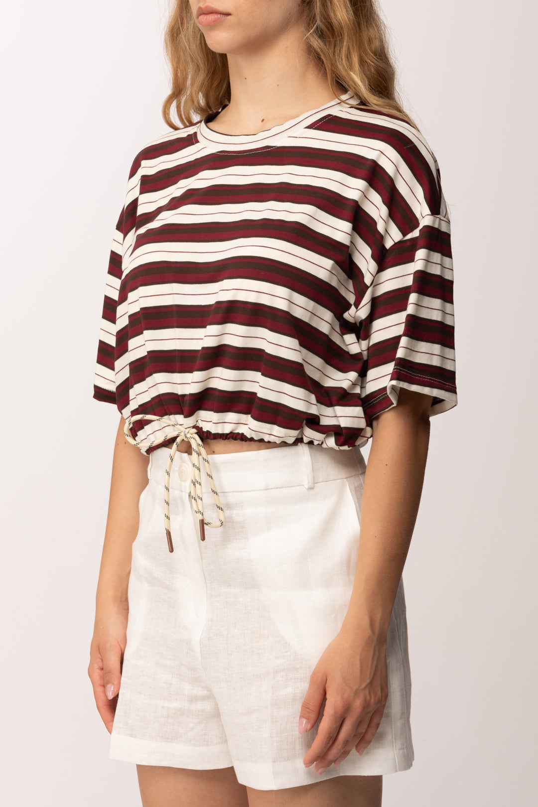 Khloe Femme T-shirt Crop a Righe 26067 BIANCO/MORO/BORDEAUX