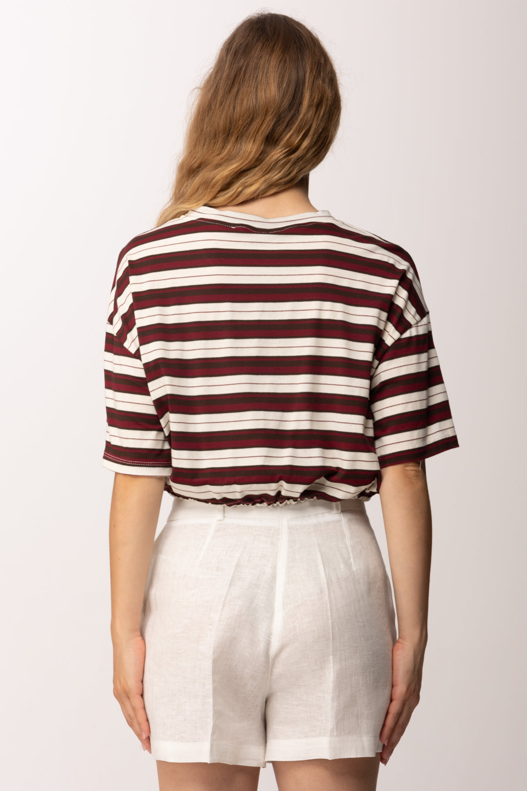 Khloe Femme T-shirt Crop a Righe 26067 BIANCO/MORO/BORDEAUX