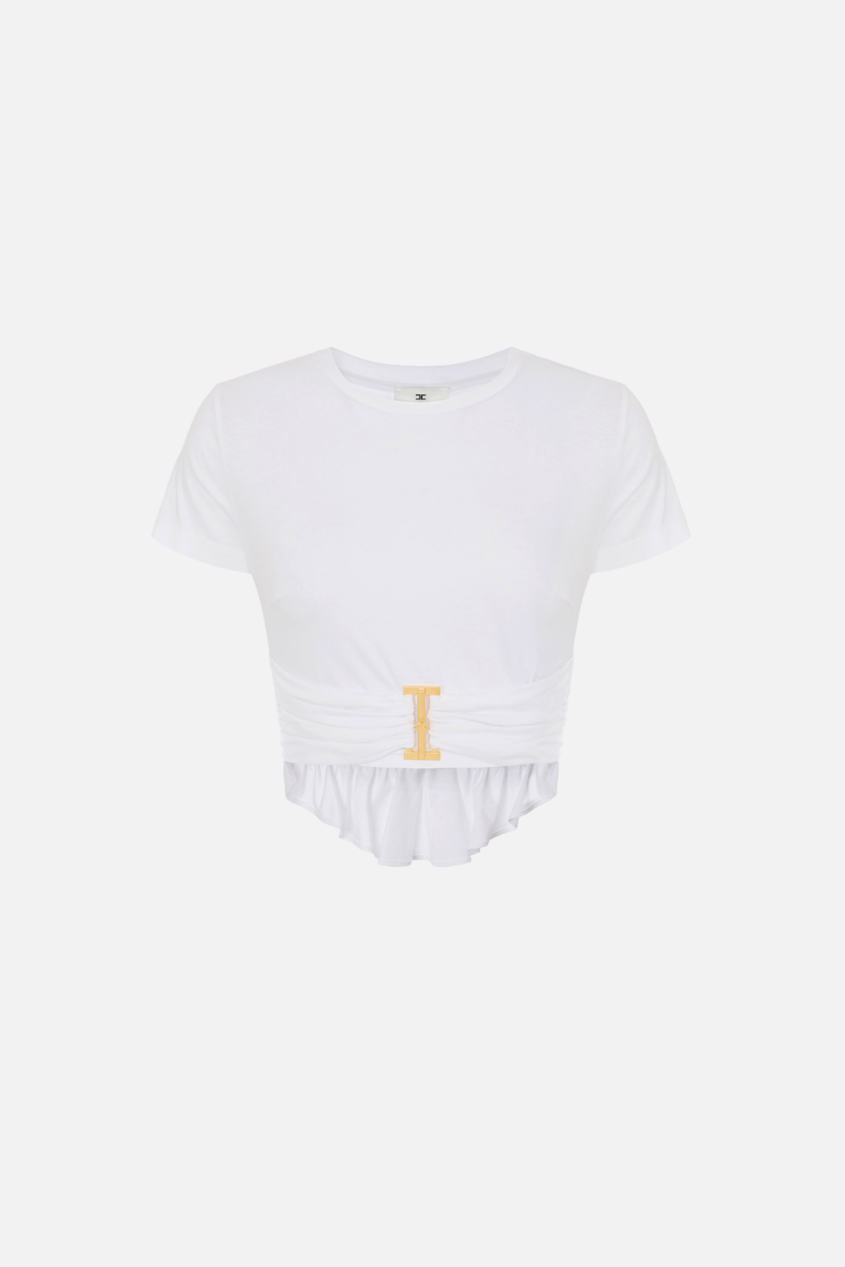 Elisabetta Franchi T-shirt Drappeggiata con Maxi Anella Gioiello MA00366E2 GESSO
