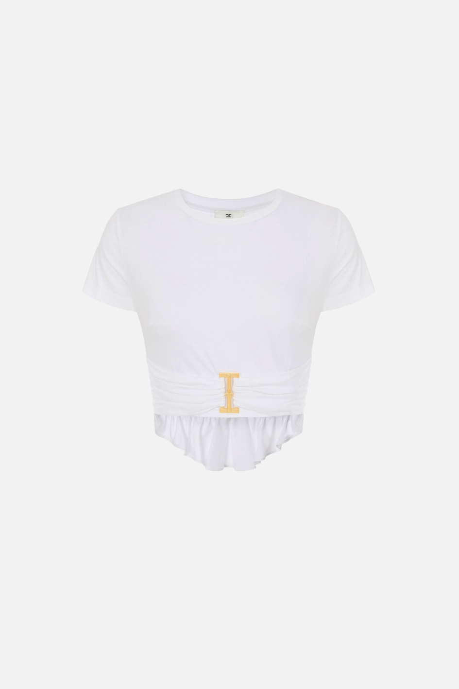 Elisabetta Franchi T-shirt Drappeggiata con Maxi Anella Gioiello MA00366E2 GESSO