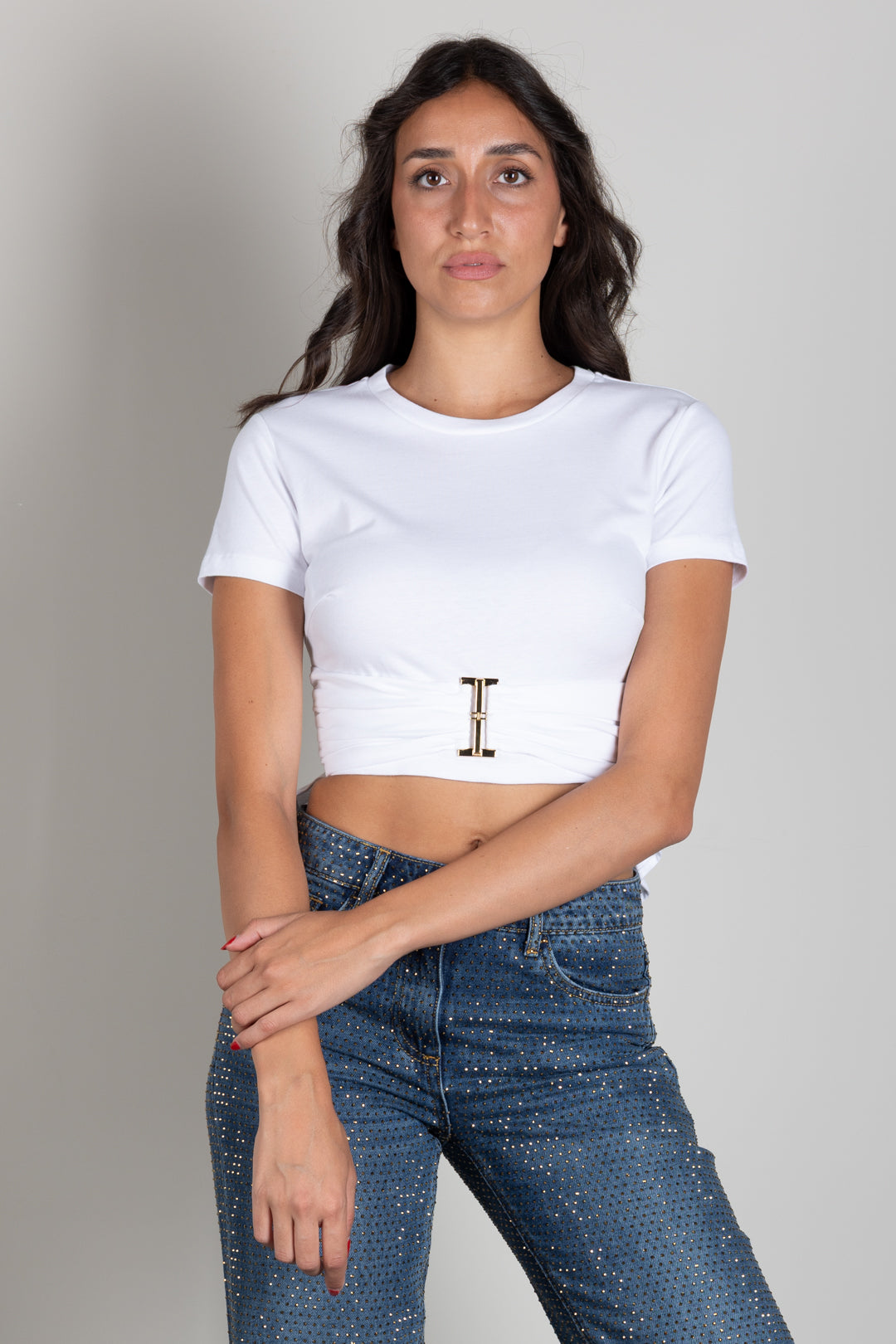 Elisabetta Franchi T-shirt Drappeggiata con Maxi Anella Gioiello MA00366E2 GESSO