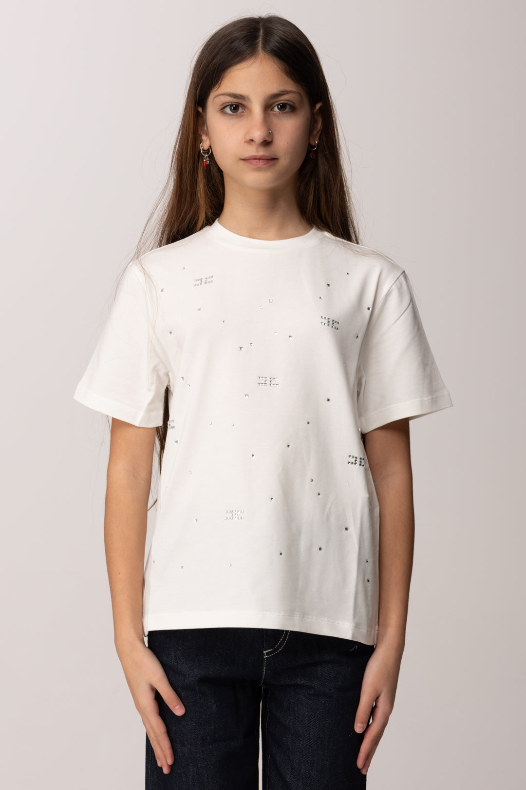 Elisabetta Franchi Bambina T-shirt Girocollo con Applicazioen Di Strass EFTS2630JE006.0135