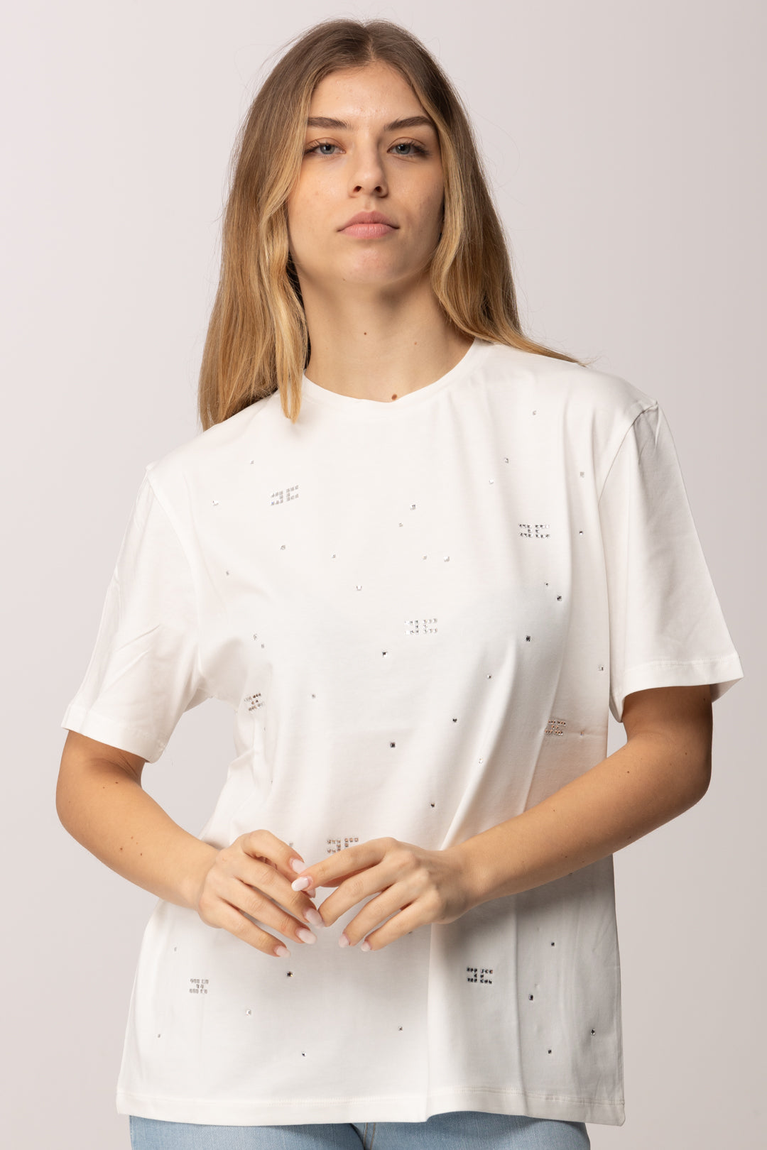 Elisabetta Franchi Bambina T-shirt Girocollo con Applicazioen Di Strass EFTS2630JE006.0135