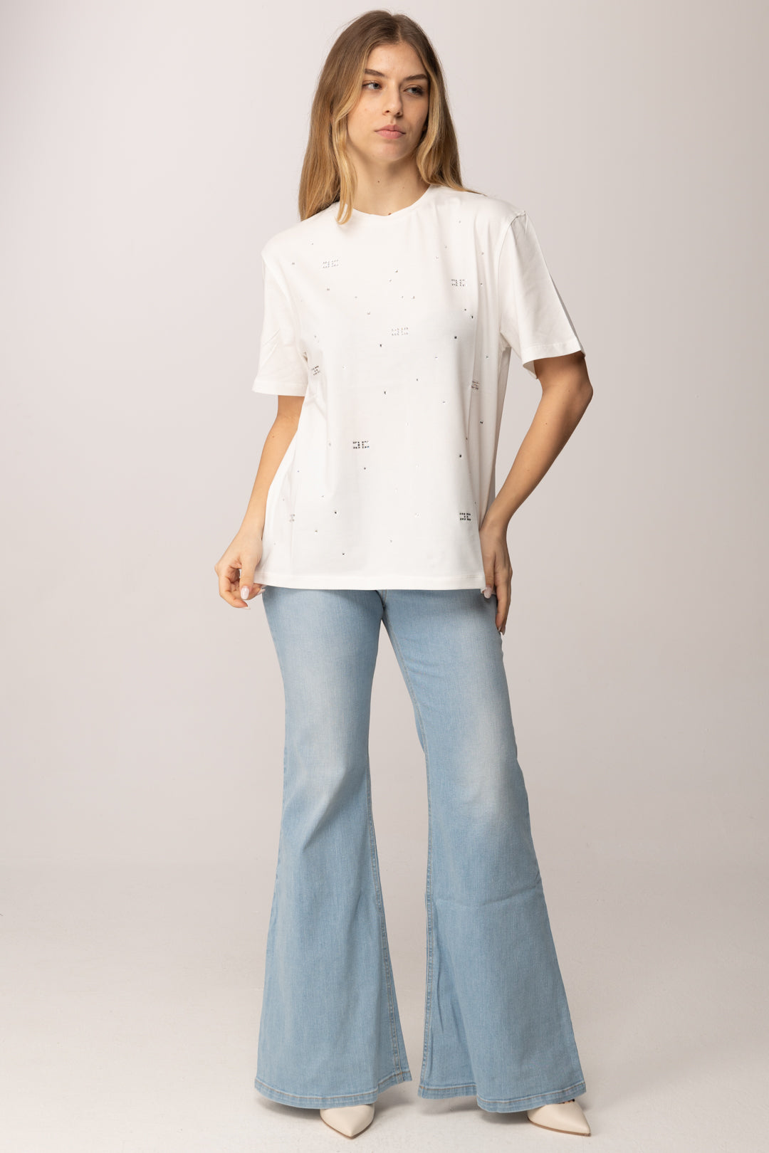 Elisabetta Franchi Bambina T-shirt Girocollo con Applicazioen Di Strass EFTS2630JE006.0135