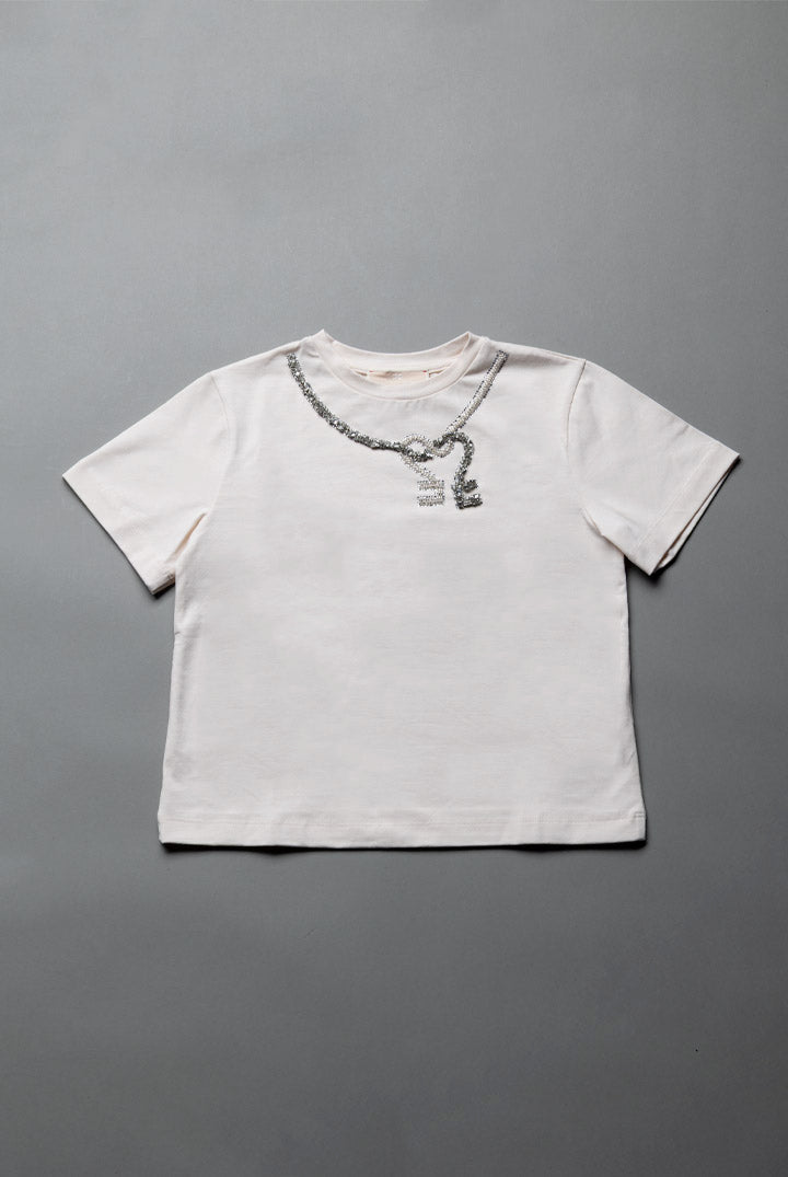 Elisabetta Franchi Bambina T-shirt Girocollo con Collana Gioiello e Logo In Strass EFTS264CJE018.C063