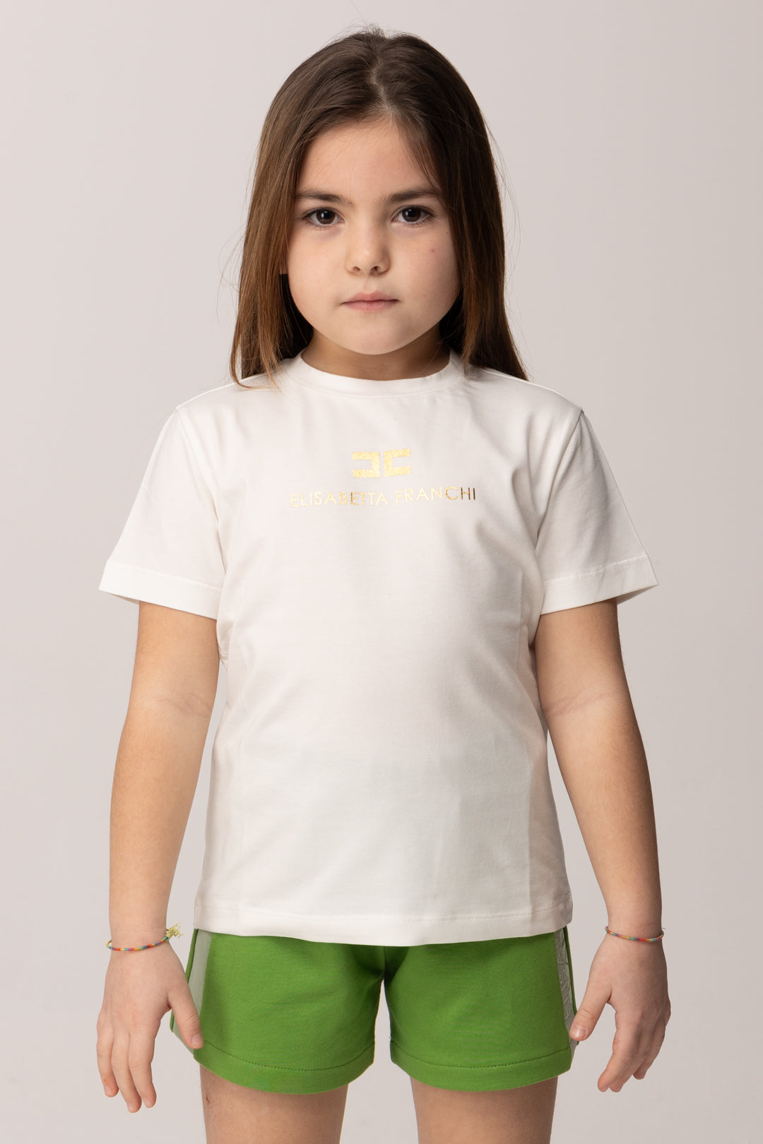 Elisabetta Franchi Bambina T-shirt Girocollo con Dettaglio Logo Oro EGTS1080JE006.0115