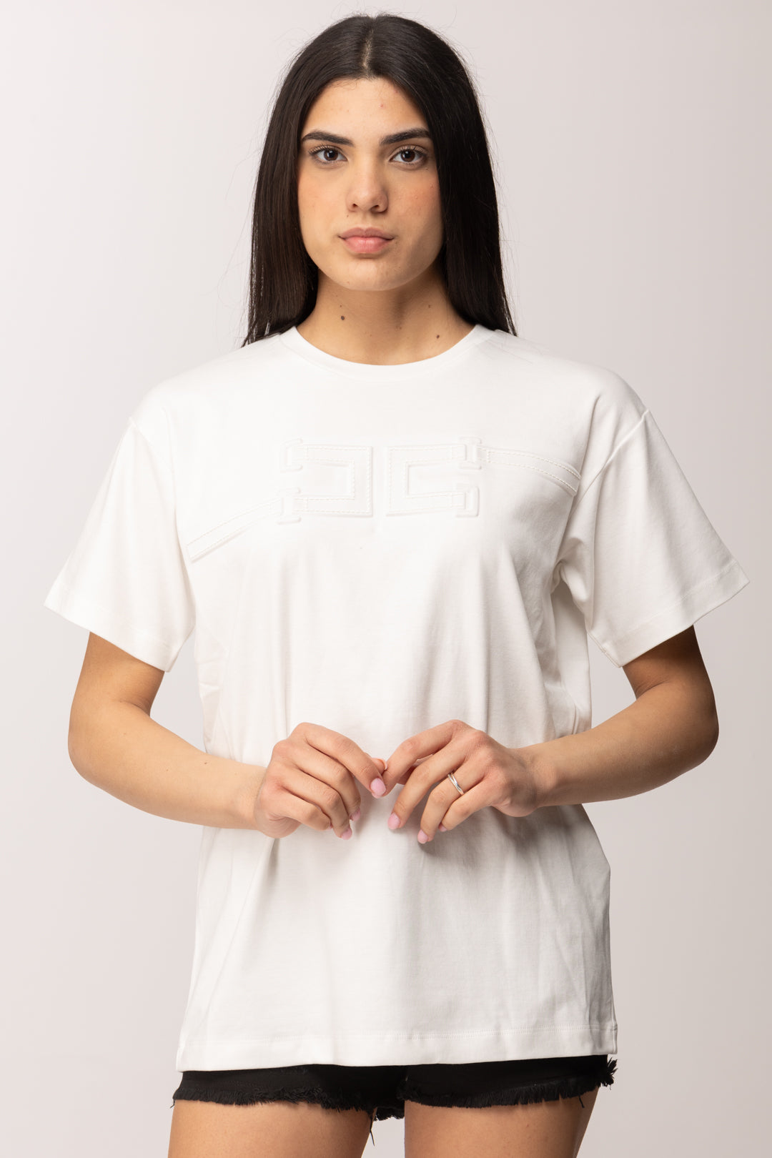 Elisabetta Franchi T-shirt Girocollo con Logo Embossed MA66P61E2 GESSO
