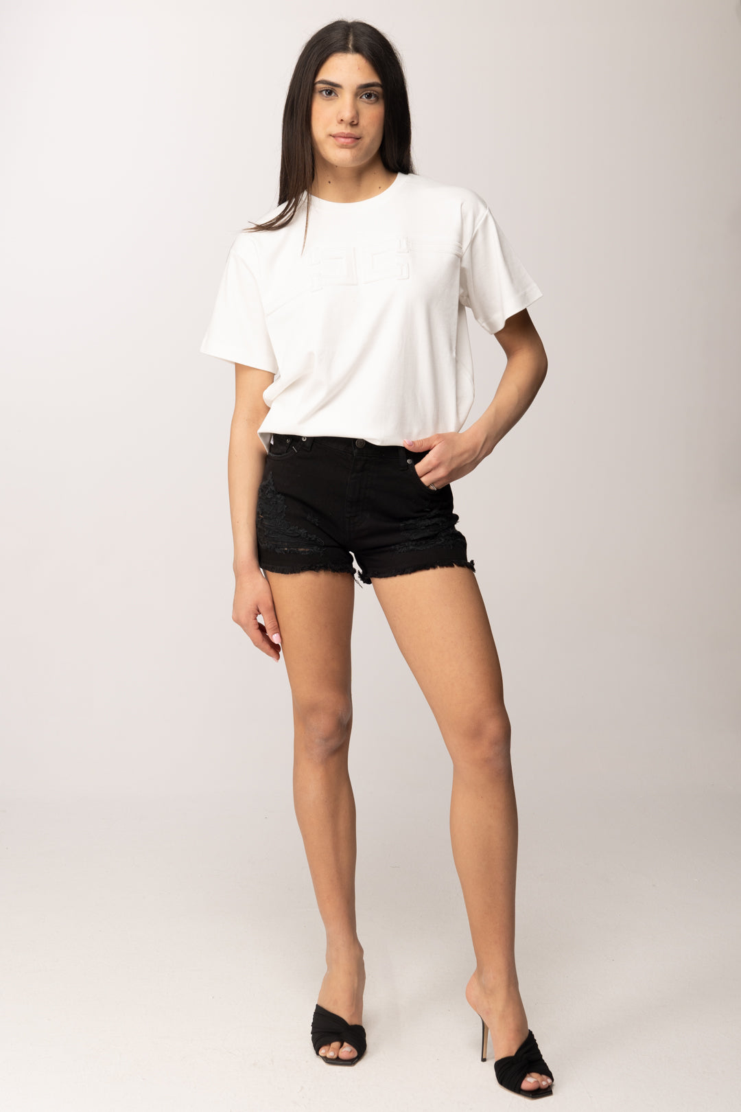 Elisabetta Franchi T-shirt Girocollo con Logo Embossed MA66P61E2 GESSO