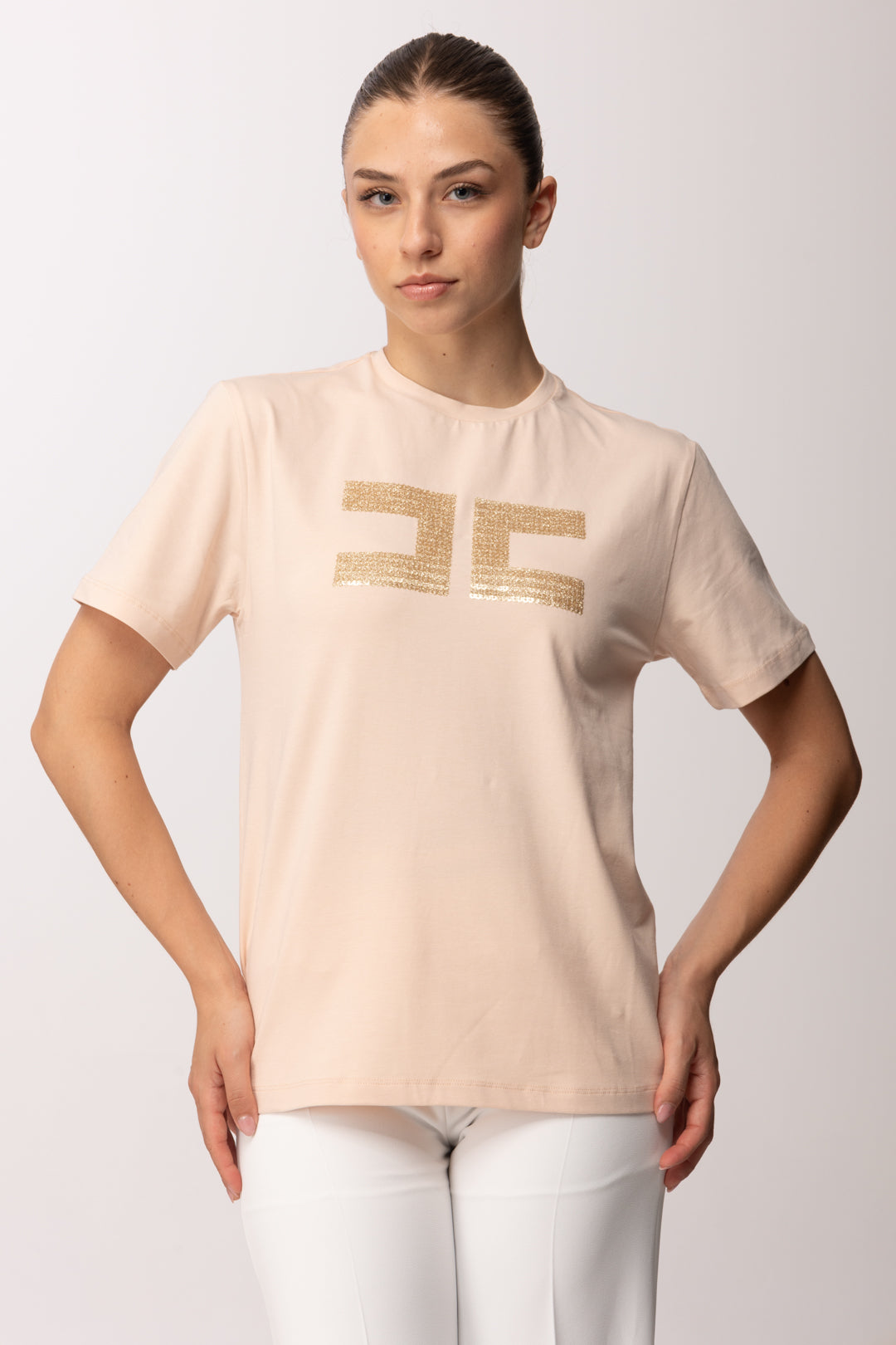 Elisabetta Franchi Bambina T-shirt In Cotone con Logo Paillettes EFTS2590JE006.C125