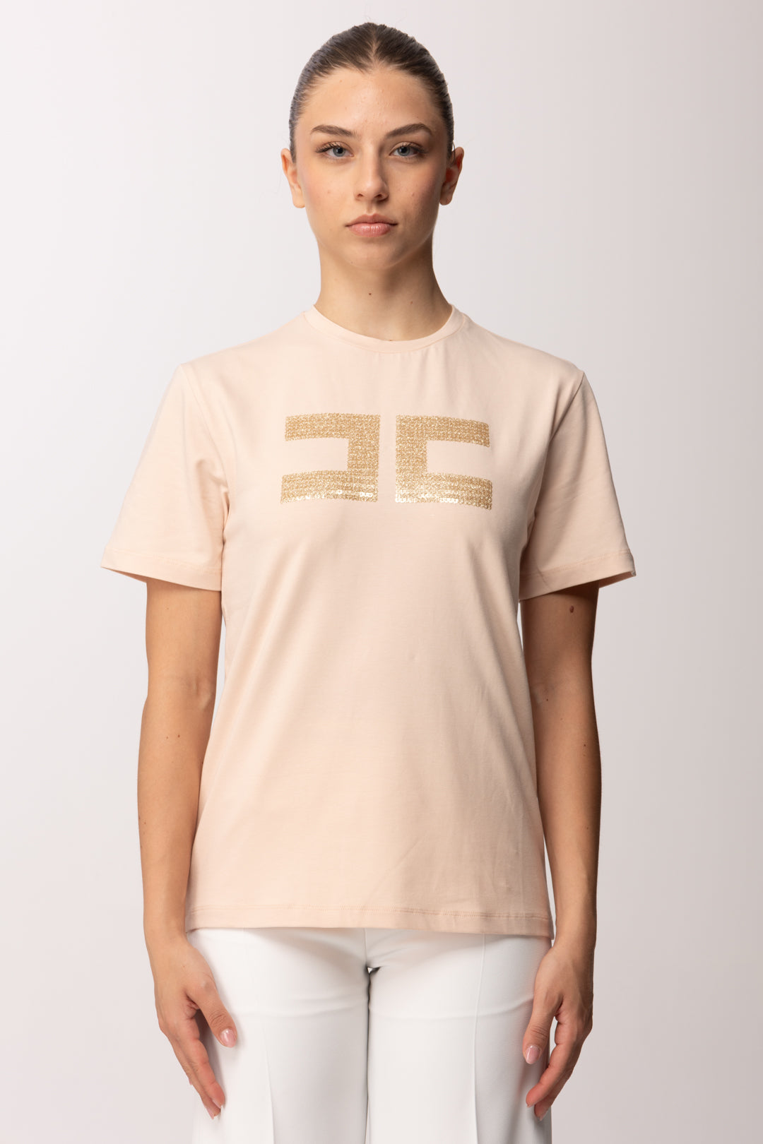 Elisabetta Franchi Bambina T-shirt In Cotone con Logo Paillettes EFTS2590JE006.C125