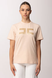 Elisabetta Franchi Bambina T-shirt In Cotone con Logo Paillettes EFTS2590JE006.C125
