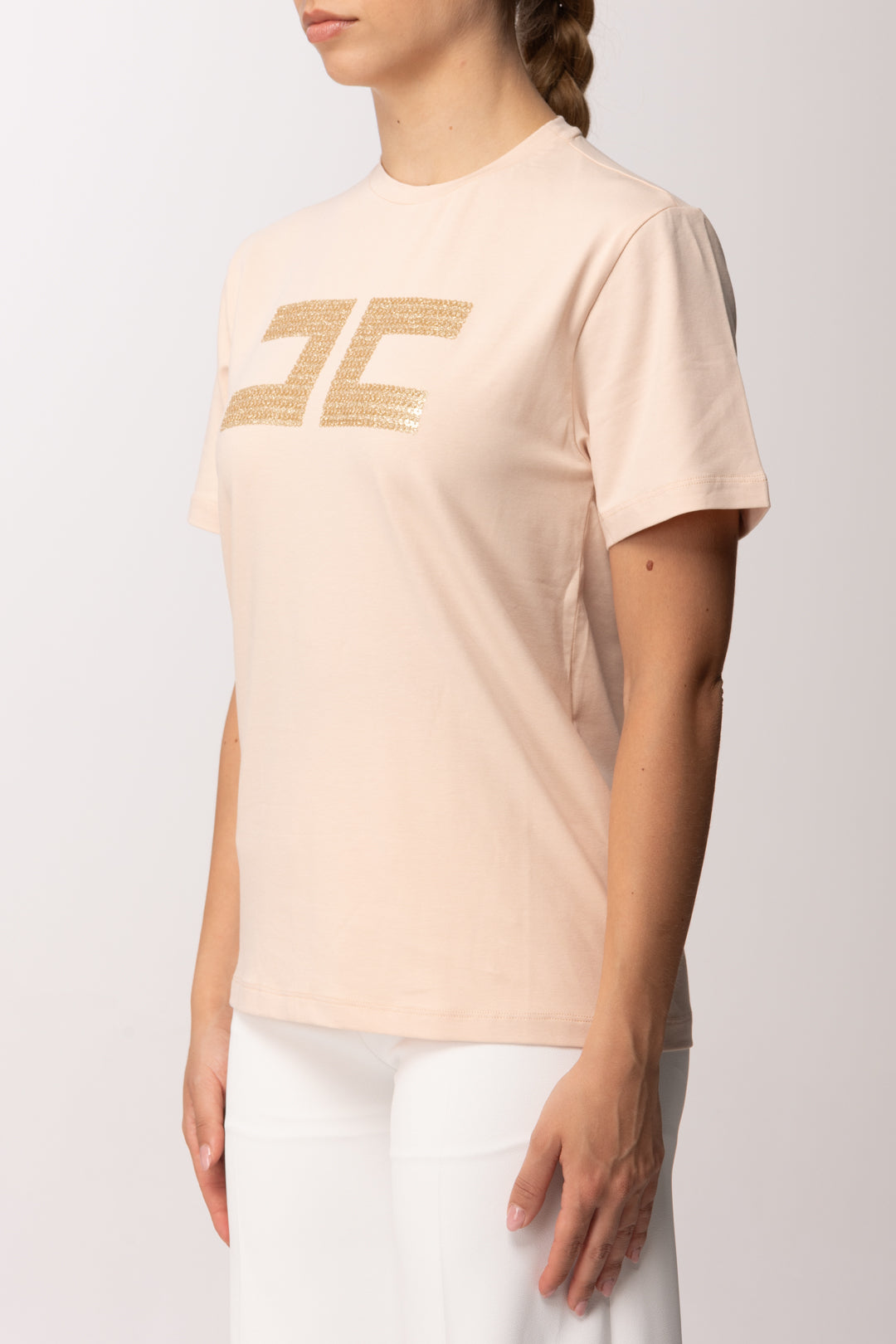 Elisabetta Franchi Bambina T-shirt In Cotone con Logo Paillettes EFTS2590JE006.C125
