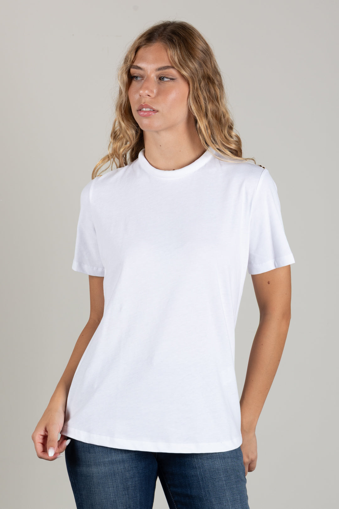 Elisabetta Franchi T-shirt In Cotone con Logo Ricamato Tono Su Tono MA00266E2 GESSO