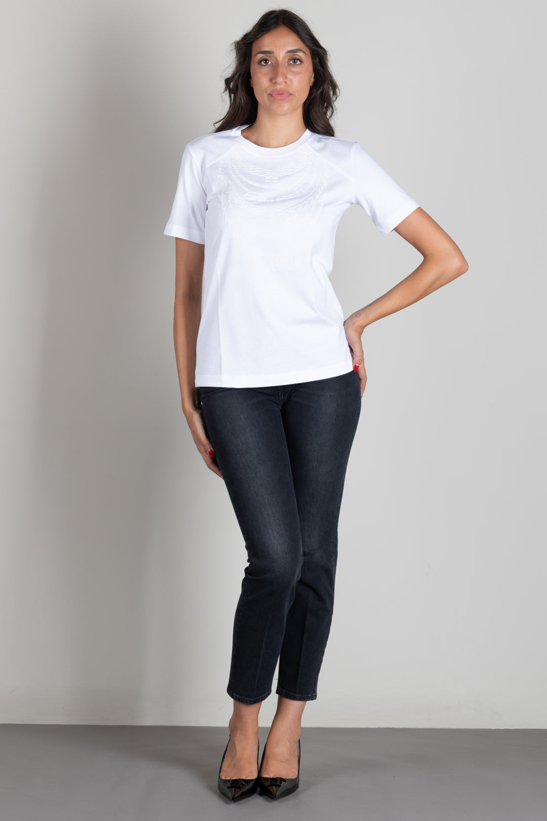 Elisabetta Franchi T-shirt In Cotone con Motivo Catene Tono Su Tono MA66A66E2 GESSO