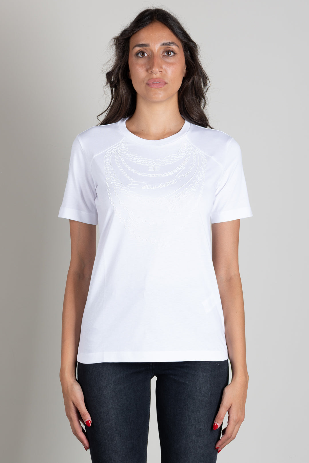 Elisabetta Franchi T-shirt In Cotone con Motivo Catene Tono Su Tono MA66A66E2 GESSO