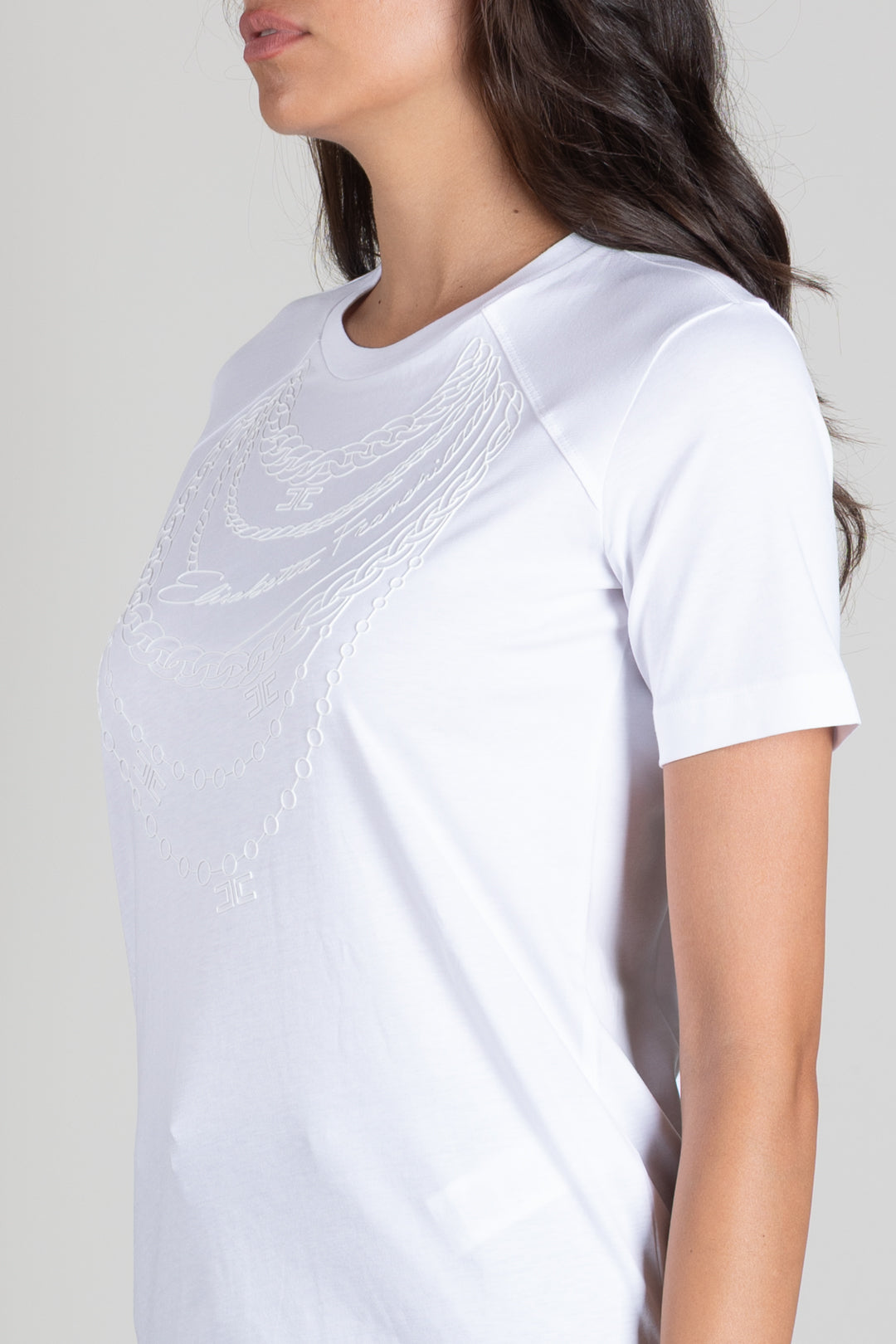 Elisabetta Franchi T-shirt In Cotone con Motivo Catene Tono Su Tono MA66A66E2 GESSO