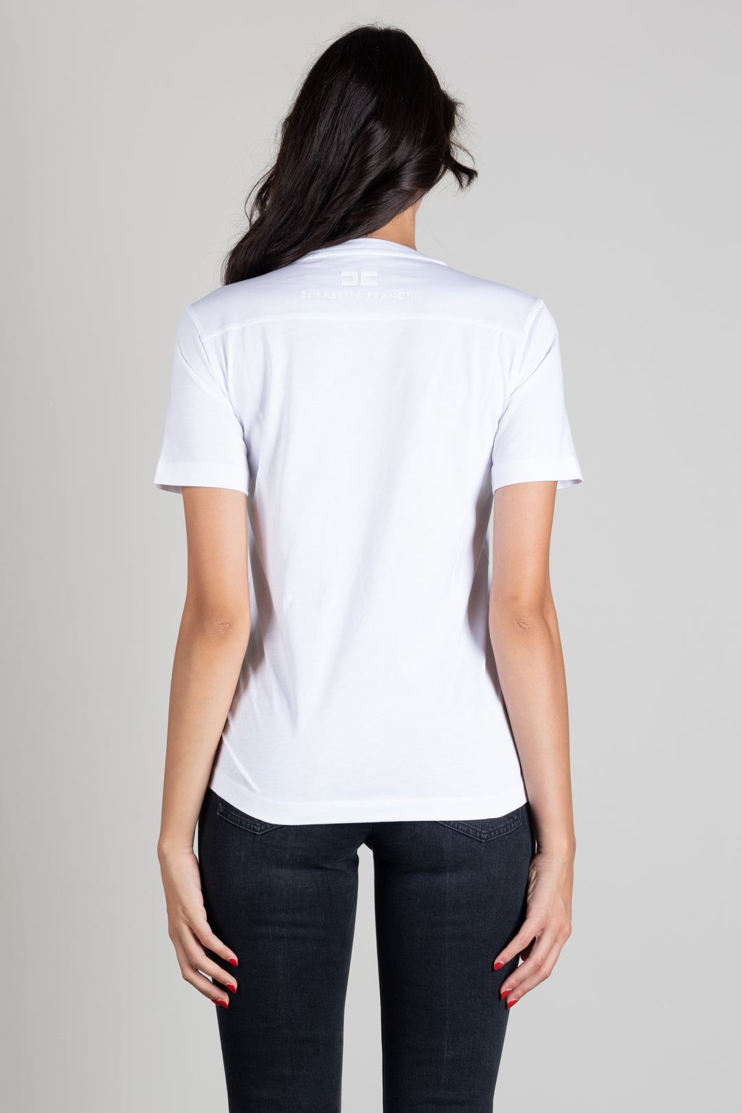 Elisabetta Franchi T-shirt In Cotone con Motivo Catene Tono Su Tono MA66A66E2 GESSO