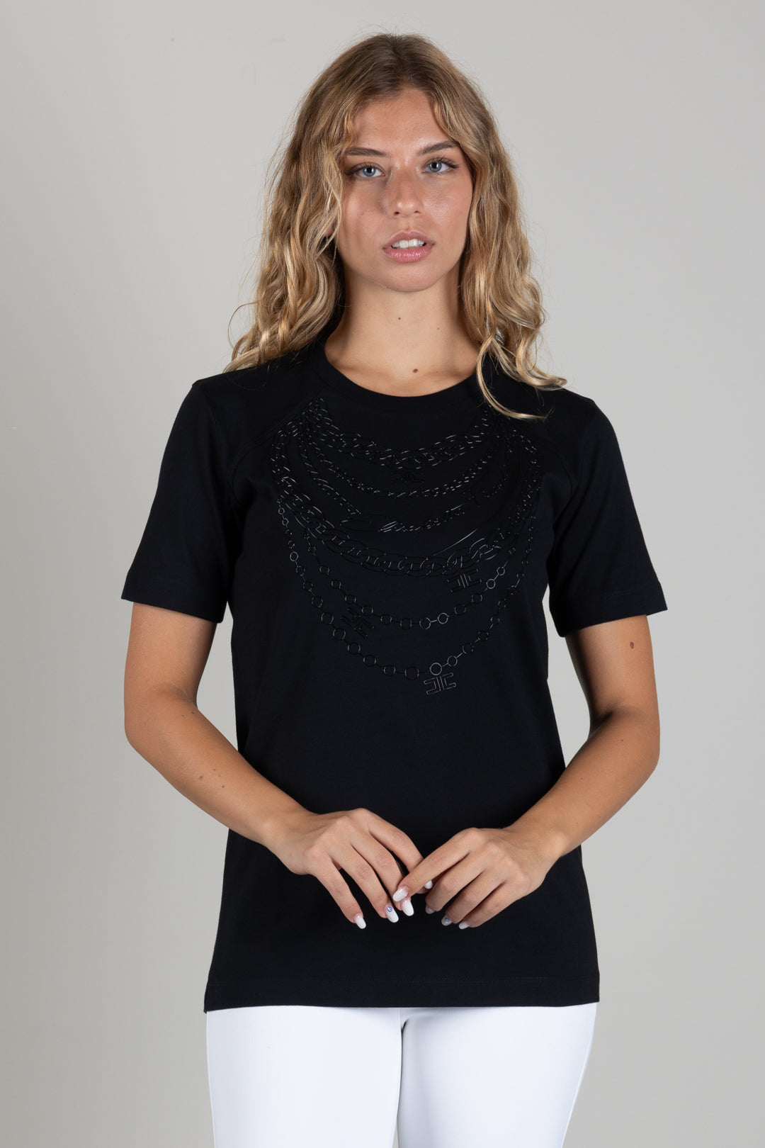 Elisabetta Franchi T-shirt In Cotone con Motivo Catene Tono Su Tono MA66A66E2 NERO