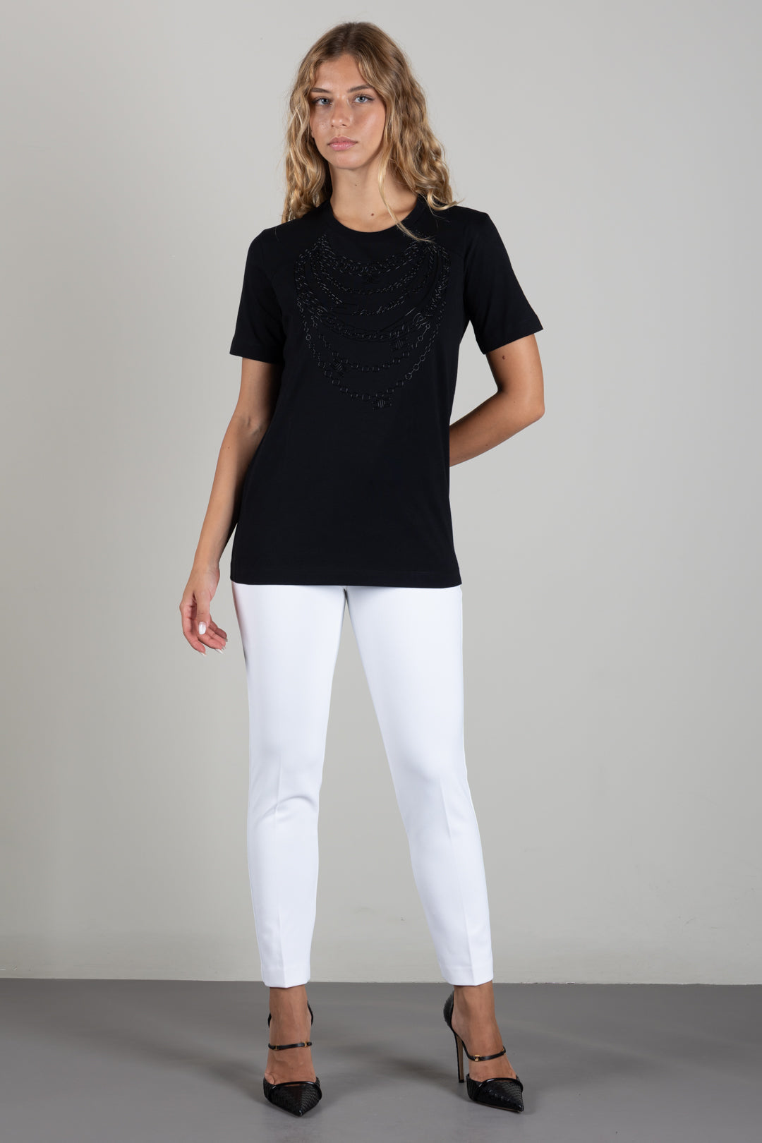 Elisabetta Franchi T-shirt In Cotone con Motivo Catene Tono Su Tono MA66A66E2 NERO