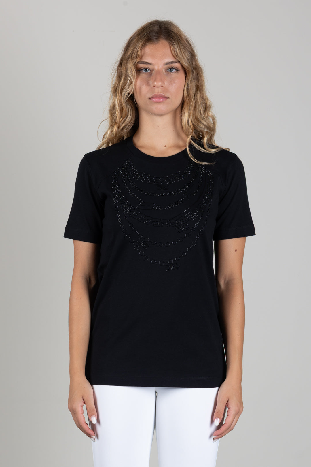 Elisabetta Franchi T-shirt In Cotone con Motivo Catene Tono Su Tono MA66A66E2 NERO