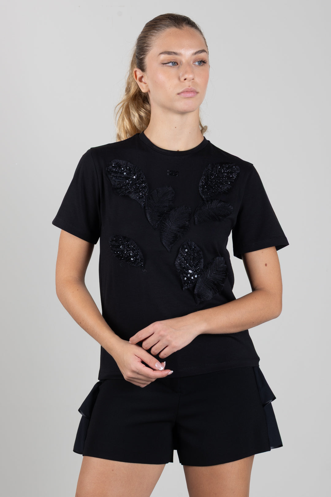 Elisabetta Franchi Bambina T-shirt In Jersey con Applicazioni Piuma e Paillettes EFTS2740JE006.N000
