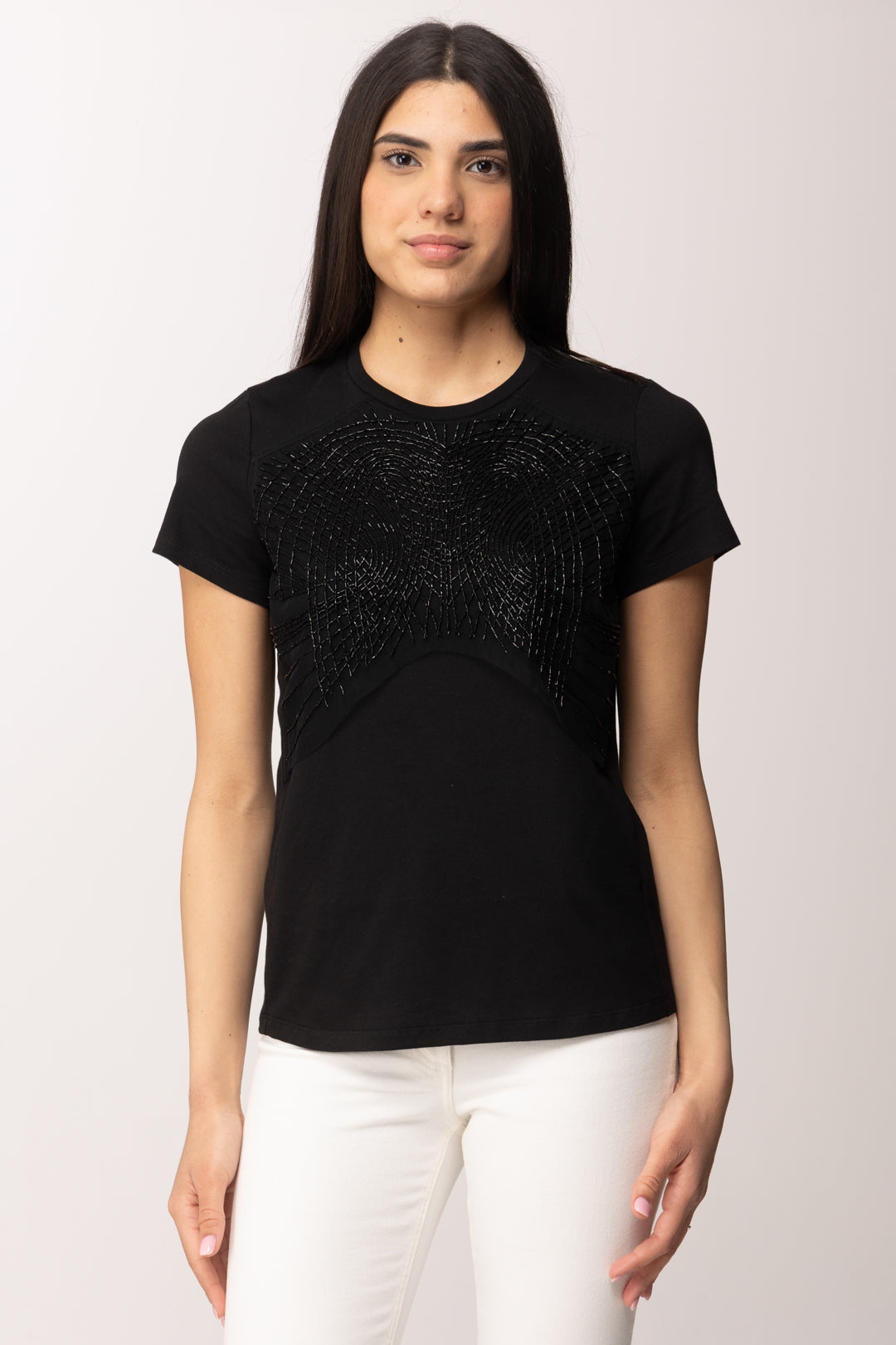 Elisabetta Franchi T-shirt In Jersey con Cristalli Ricamati MA01861E2 NERO