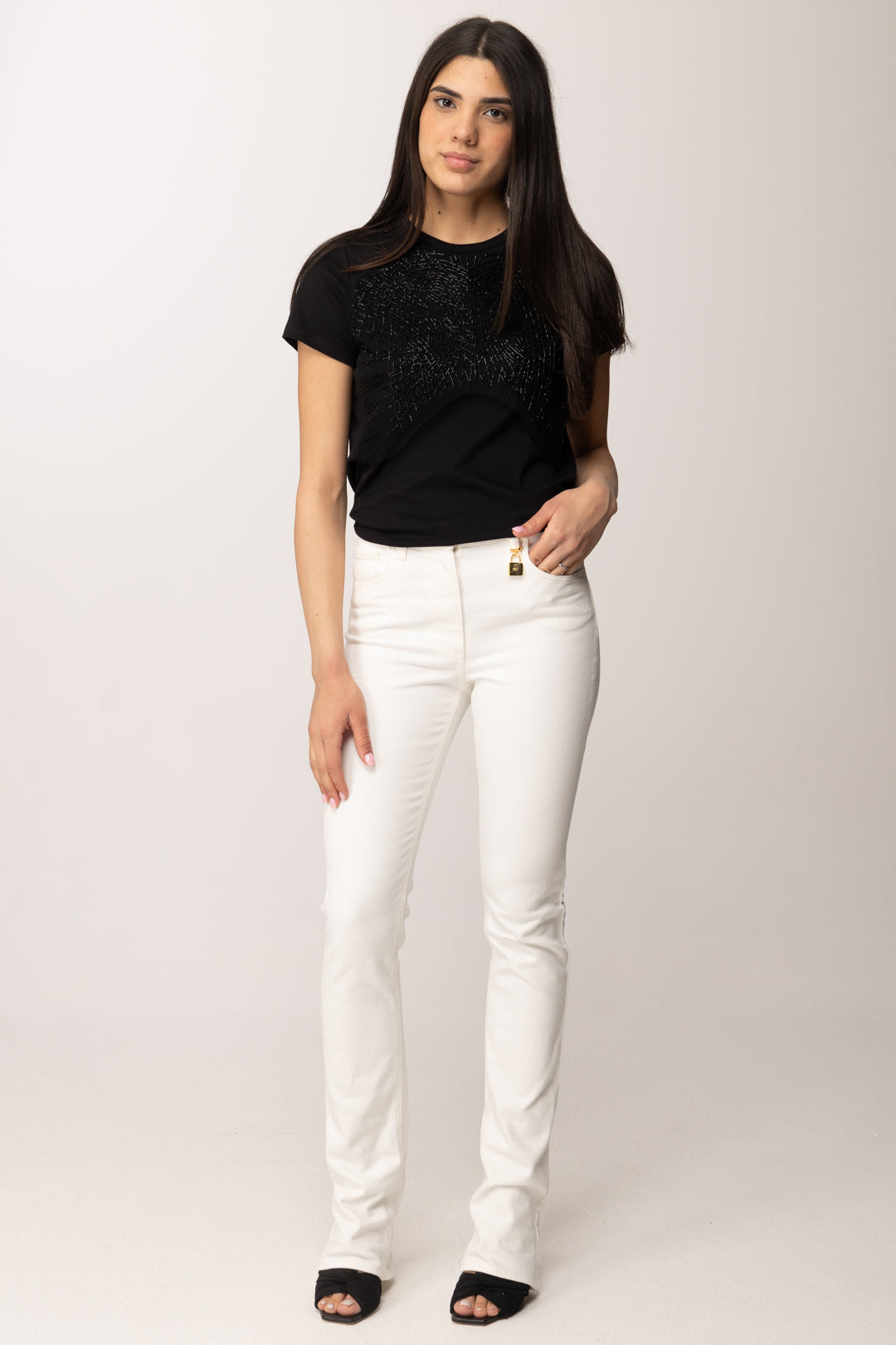 Elisabetta Franchi T-shirt In Jersey con Cristalli Ricamati MA01861E2 NERO