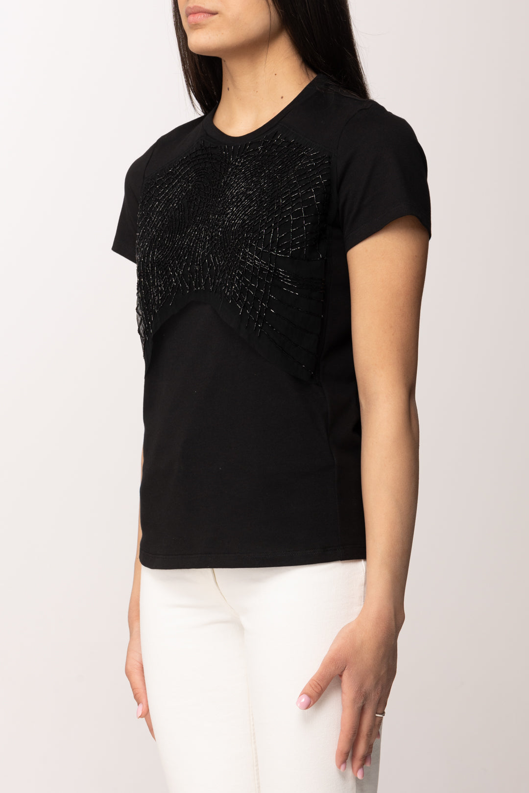 Elisabetta Franchi T-shirt In Jersey con Cristalli Ricamati MA01861E2 NERO