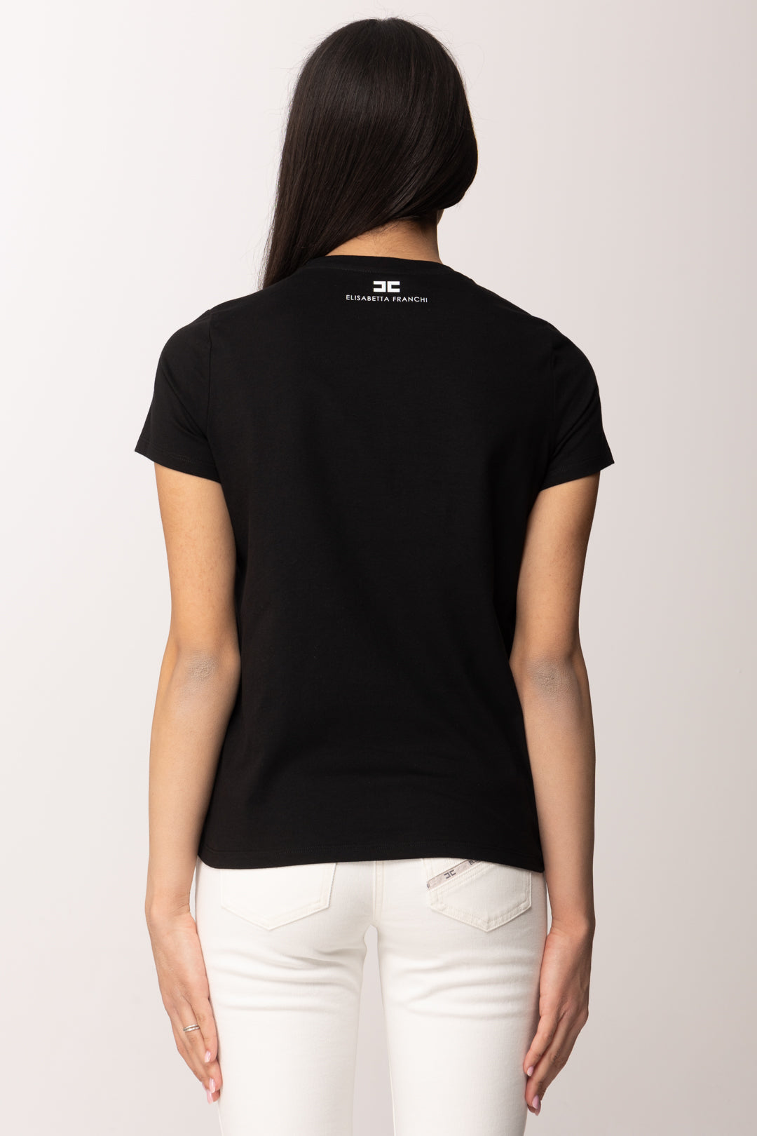 Elisabetta Franchi T-shirt In Jersey con Cristalli Ricamati MA01861E2 NERO