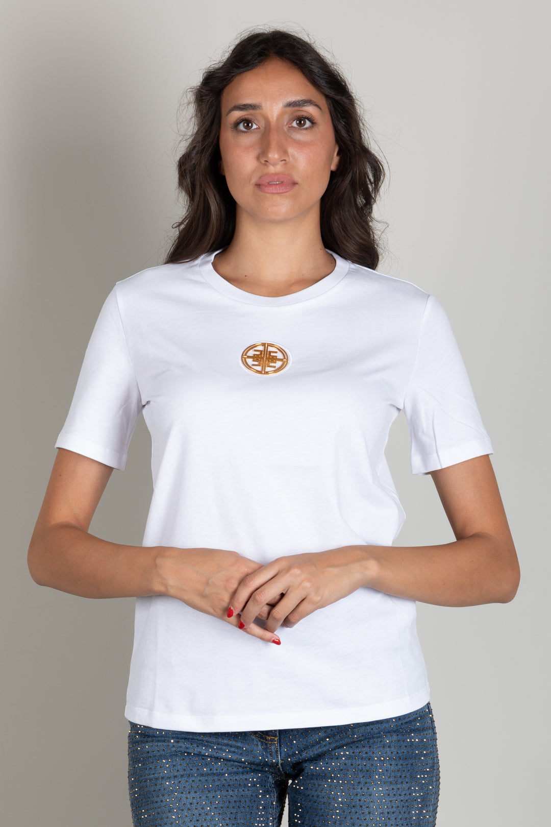 Elisabetta Franchi T-shirt In Jersey con Logo Gioiello MA00866E2 GESSO