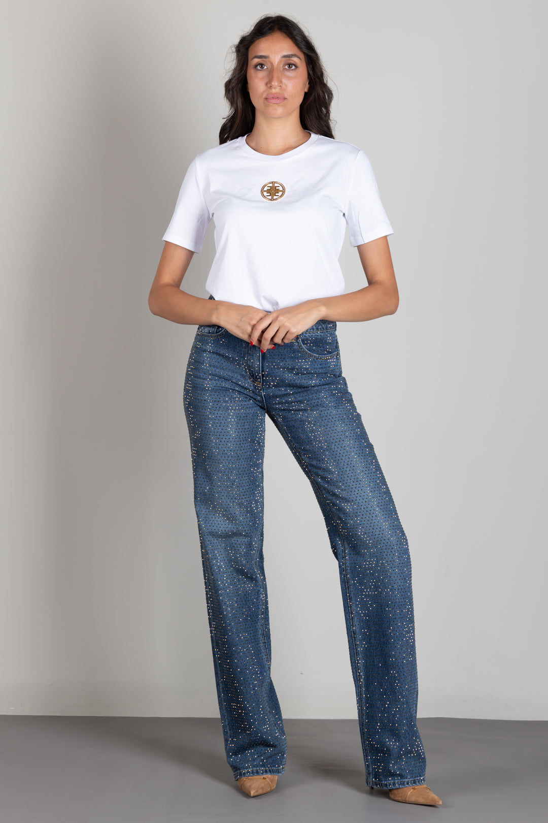 Elisabetta Franchi T-shirt In Jersey con Logo Gioiello MA00866E2 GESSO