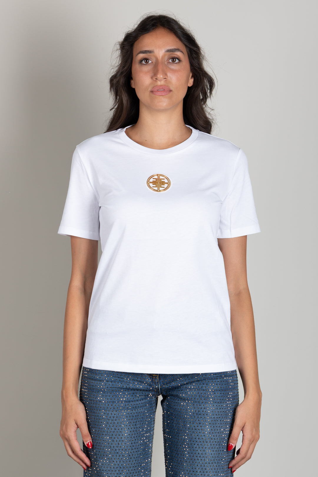 Elisabetta Franchi T-shirt In Jersey con Logo Gioiello MA00866E2 GESSO