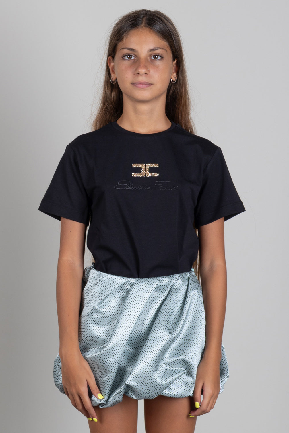 Elisabetta Franchi Bambina T-shirt Nera con Logo In Strass EFTS271CJE018.N000