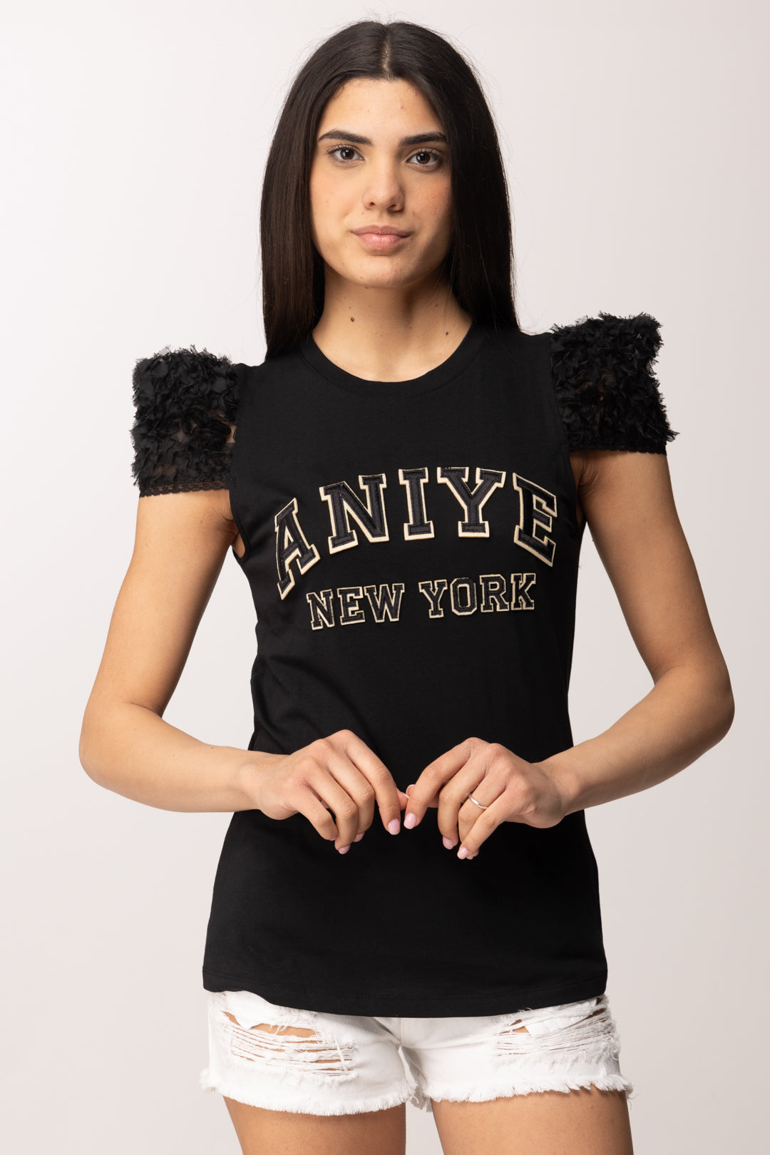 Aniye By T-shirt Ricamo Logo con Maniche 3d In Tulle 185108 BLACK :PE26