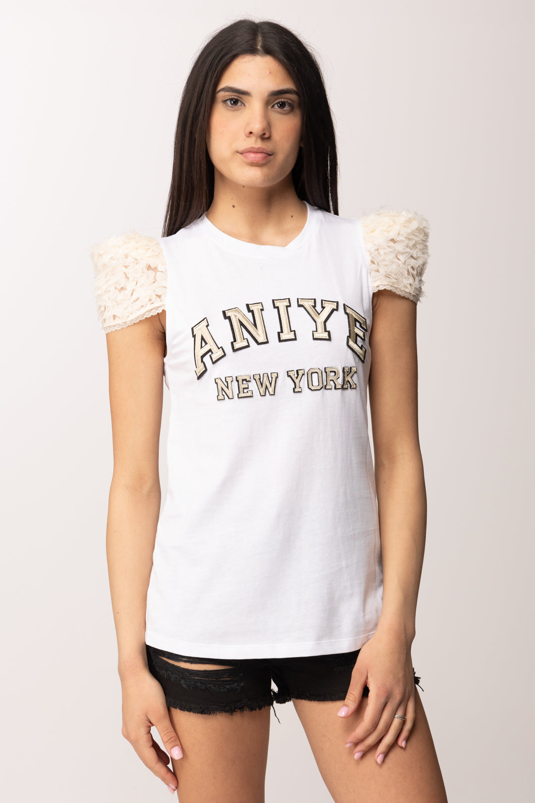 Aniye By T-shirt Ricamo Logo con Maniche 3d In Tulle 185108 BLANC :PE26