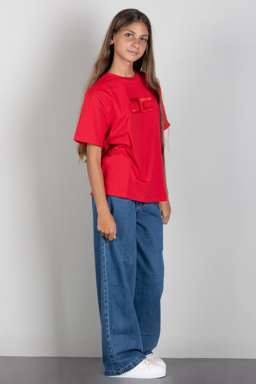 Elisabetta Franchi Bambina T-shirt Rossa con Maxi Logo Tono Su Tono EFTS265CJE018.3028